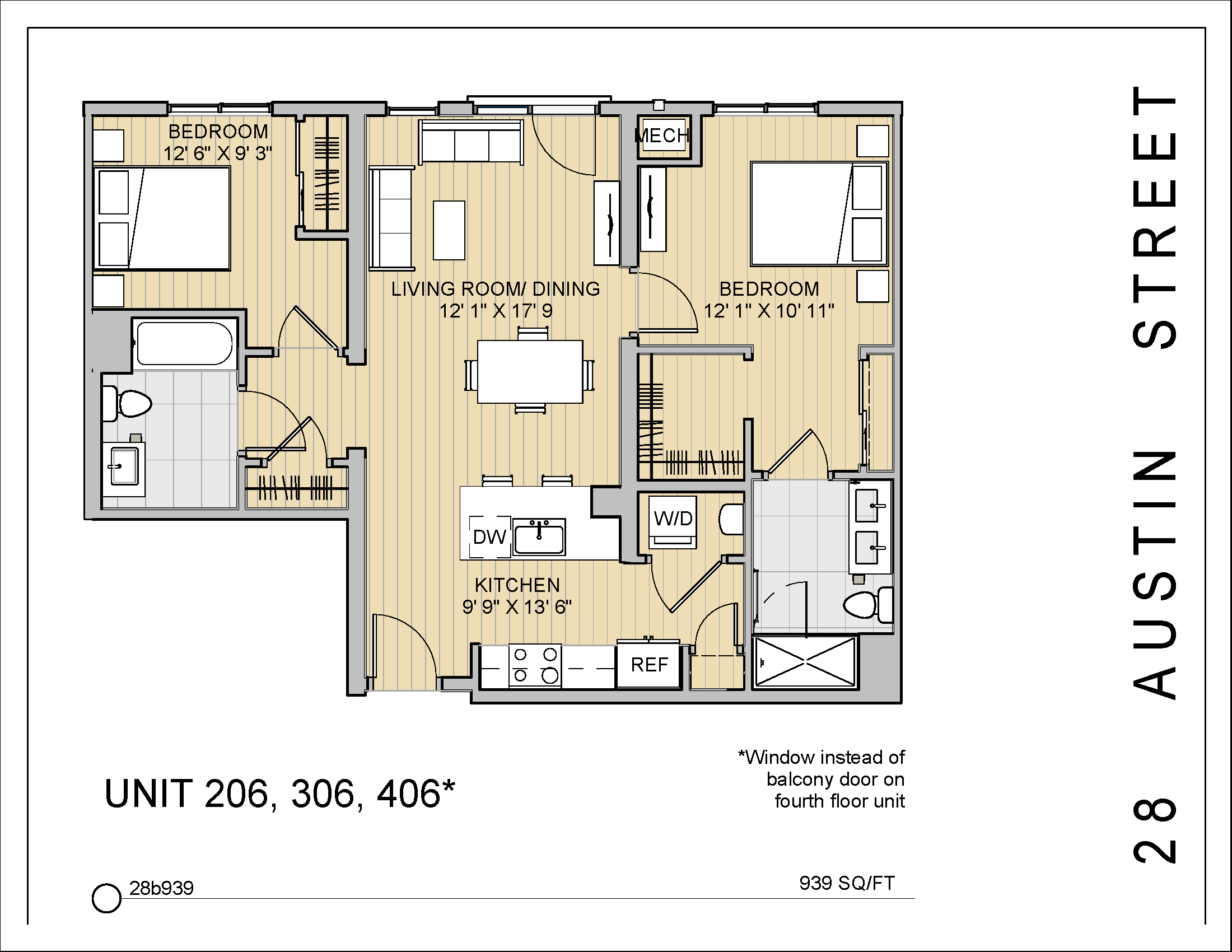 Floor plan for 2 beds, 2 baths, 939 sqft